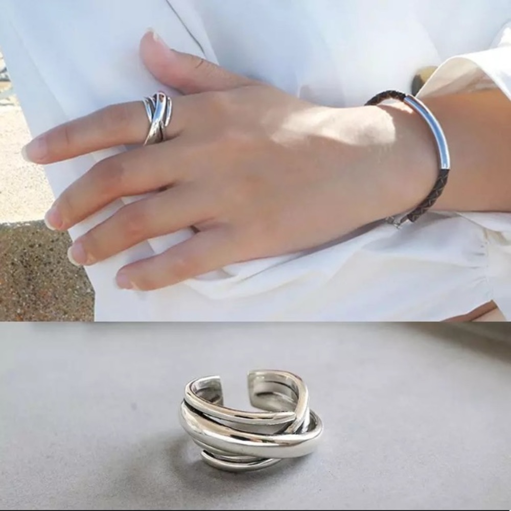 Silver Boho Stacked Criss Cross Adjustable Ring - Picture 4 of 6